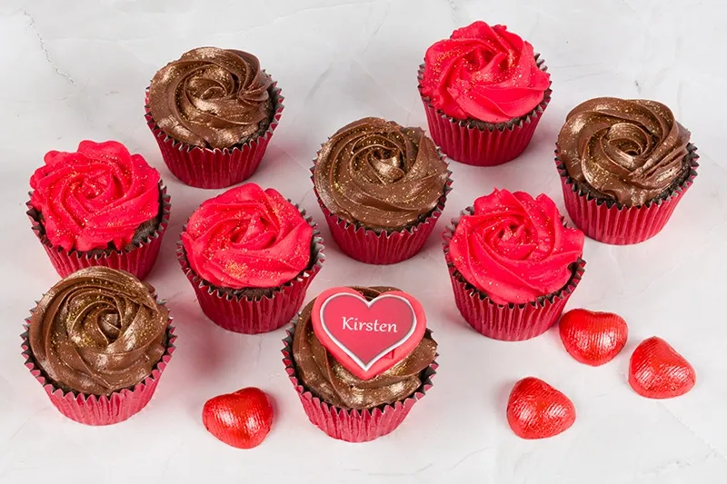 Glittered Chocolate and Red Rose Cupcakes