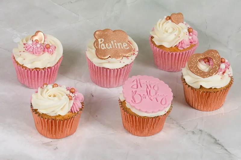 Personalised Pink and Rose Gold Boutique Cupcakes